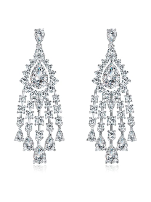 White [E 0373] 925 Sterling Silver High Carbon Diamond Tassel Luxury Cluster Earring